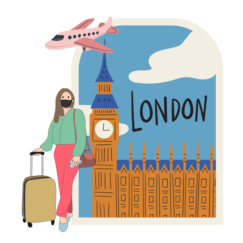 Drawing of an expat arriving in London, holding a suitcase next to the Big Ben